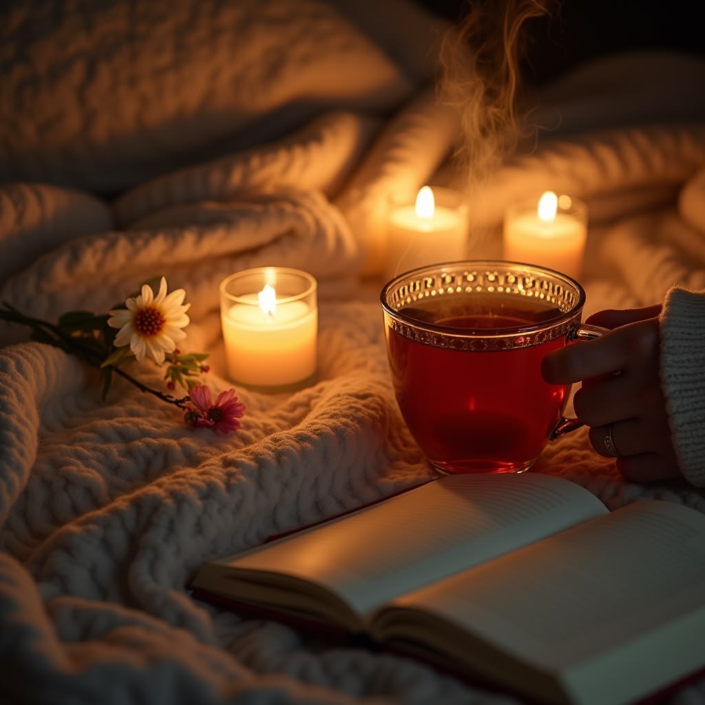 Open journal beside a ceramic mug and soft candlelight on a wooden bedside table