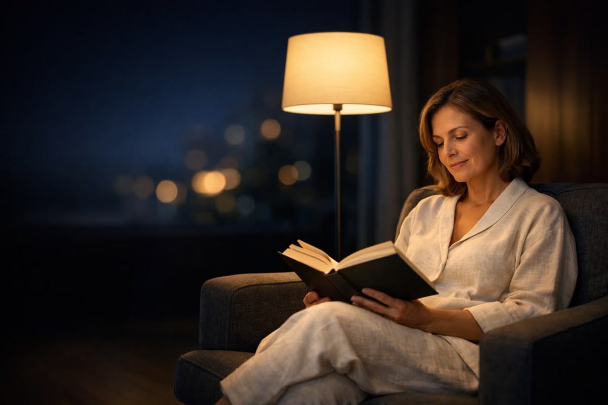 Person wearing headphones in a dimly lit room, seated comfortably for an evening listening session